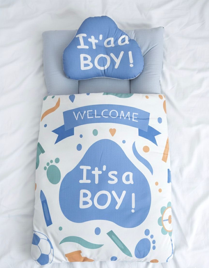 Premium 2-Piece "Its A Boy" Newborn Sleep Nest & Positioning Pillow Set – Ultra-Soft Cotton Travel Bed